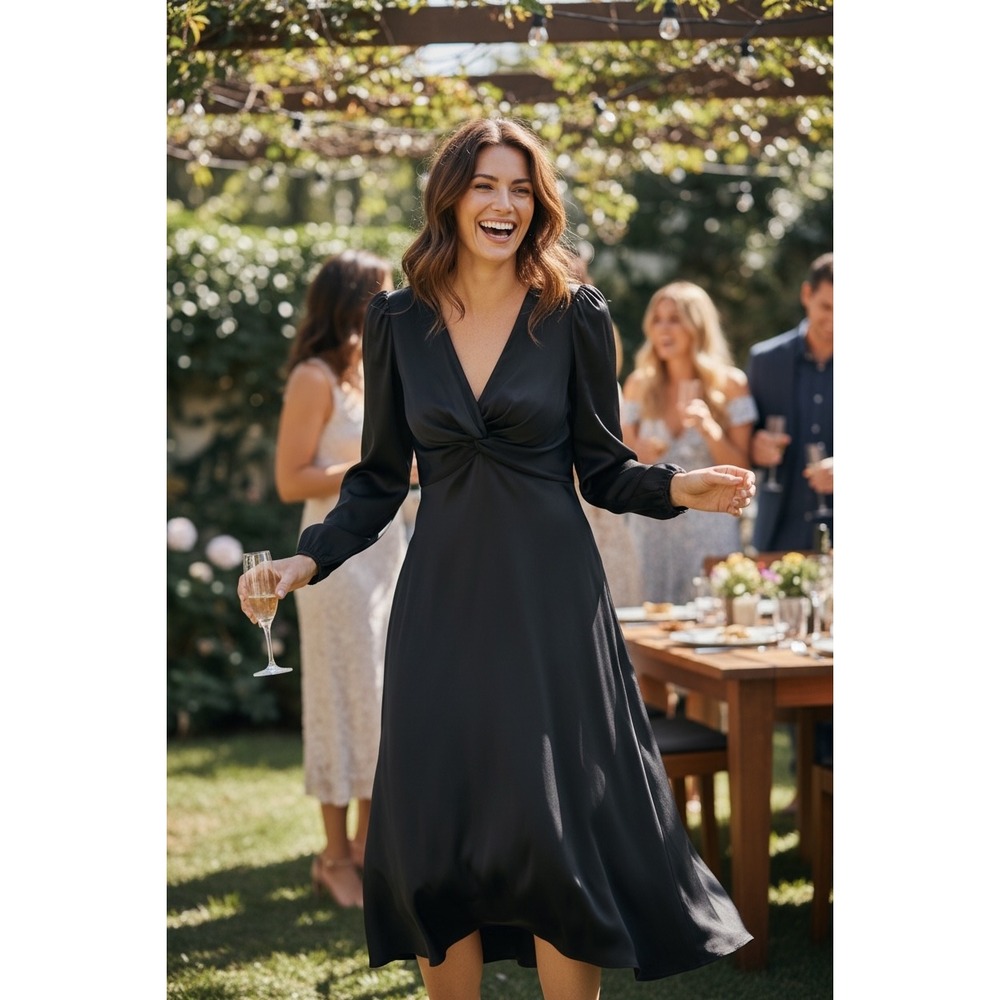NEW GAP Black‎ Satin V-Neck Twist Front Puff Sleeve Midi Dress Whimsigoth Witchy